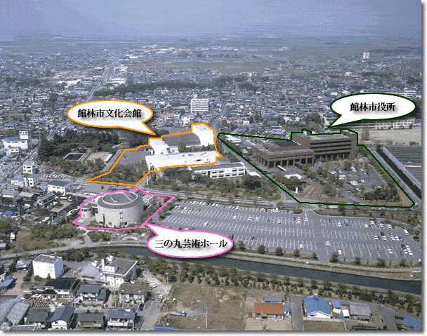 館林市役所・文化会館・三の丸芸術ホールの位置関係図（航空写真）