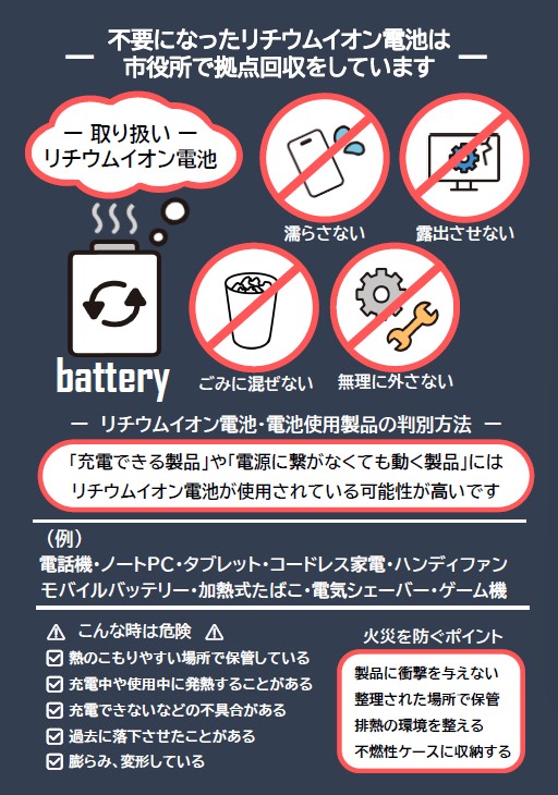 不要になったリチウムイオン電池は市役所で拠点回収をしています