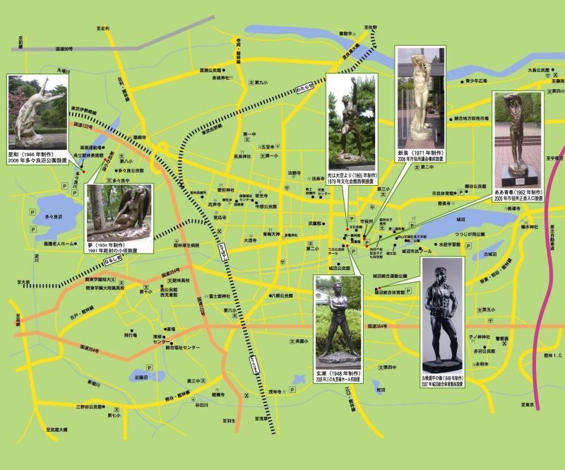 館林市内にある藤野天光作品の設置場所の地図