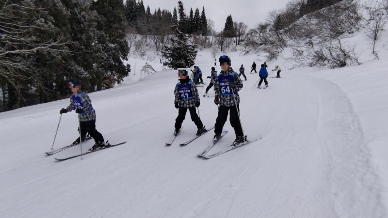 スキー教室でゲレンデを滑り降りる生徒