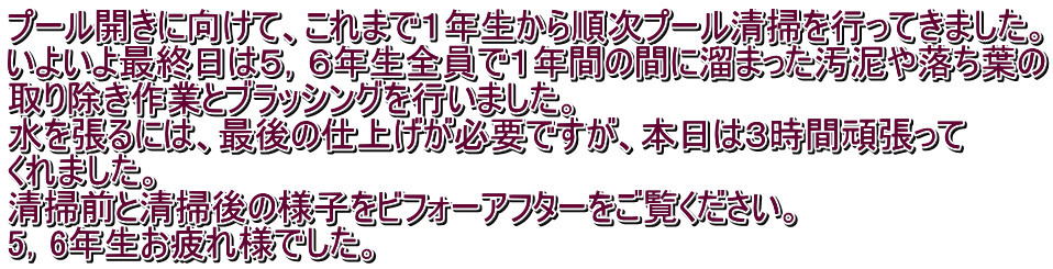 プール開きに向けて、これまで１年生から順次プール清掃を行ってきました。 いよいよ最終日は５，６年生全員で１年間の間に溜まった汚泥や落ち葉の 取り除き作業とブラッシングを行いました。 水を張るには、最後の仕上げが必要ですが、本日は３時間頑張って くれました。 清掃前と清掃後の様子をビフォーアフターをご覧ください。 5，6年生お疲れ様でした。