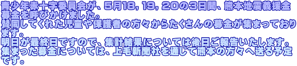 青少年赤十字委員会が、５月１８，１９，２０の３日間、熊本地震義援金 募金を呼びかけました。 賛同してくれた児童や保護者の方々からたくさんの募金が集まっており ます。 明日が最終日ですので、集計結果については後日ご報告いたします。 集まった募金については、上毛新聞社を通じて熊本の方々へ送る予定 です。